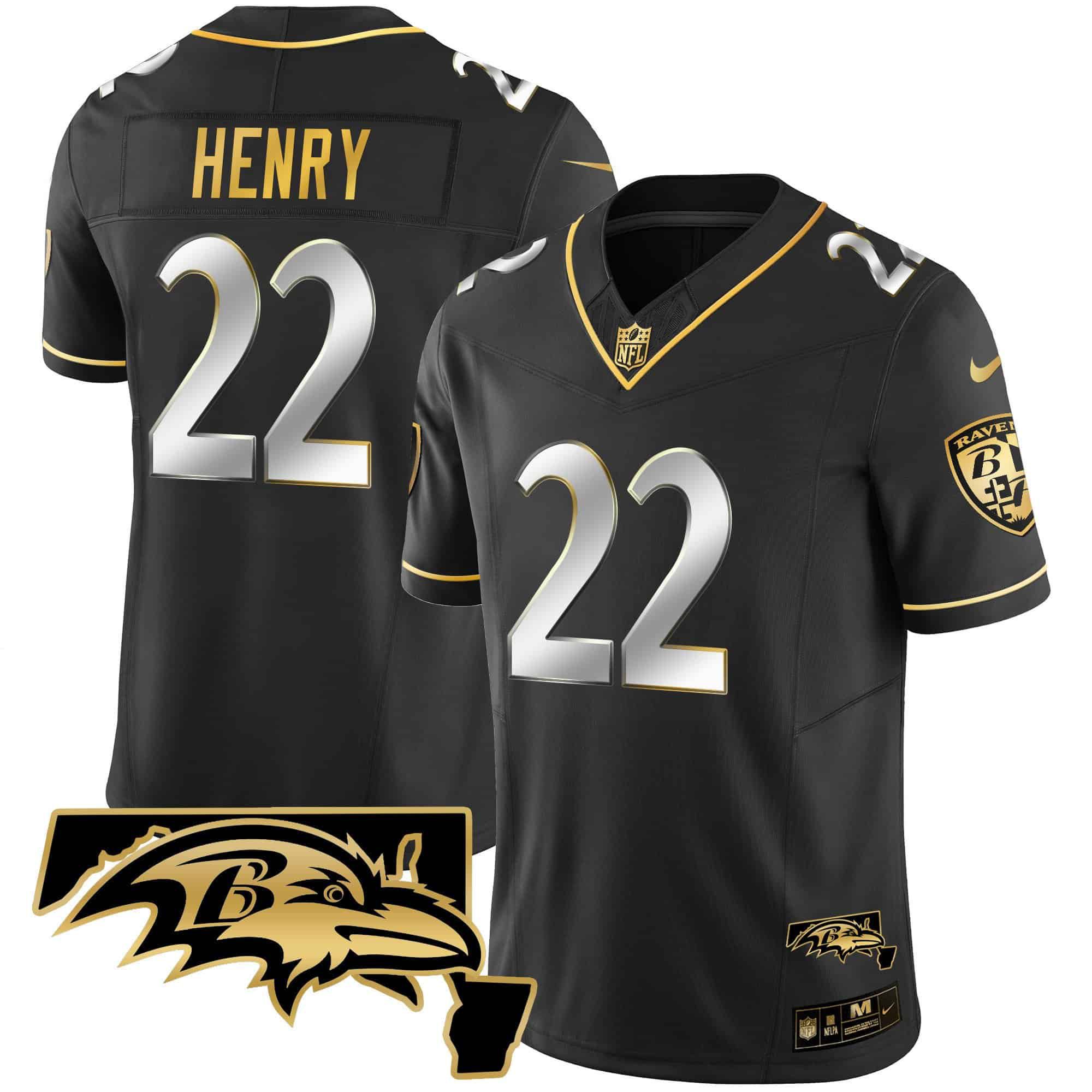 Men Baltimore Ravens 22 Henry Black Gold 2024 Nike Maryland Patch Vapor Limited NFL Jersey